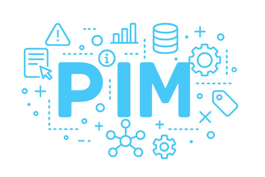 Vector illustration showcasing PIM concepts with icons representing data management and analytics processes in a modern digital environment