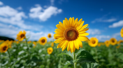 Fototapeta premium Sunflower Field Under Bright Blue Sky with Clouds