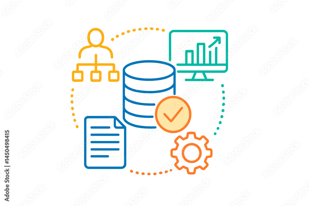 Aufkleber data management illustration featuring database, analytics, and workflow in a flat vector design