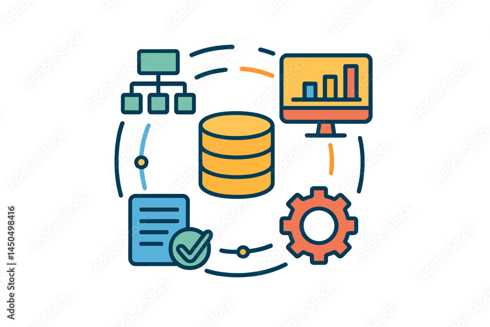 Poster data management and analysis tools showcased in a flat vector illustration with various elements int