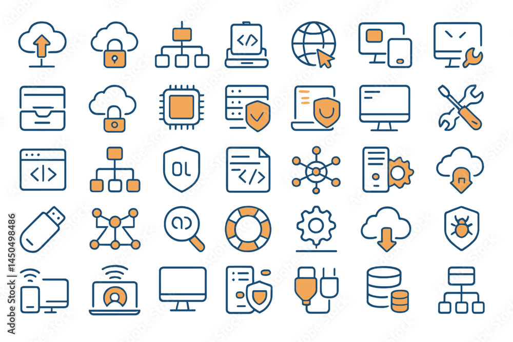 Poster flat vector illustration of various technology and network icons in a grid layout representing digit