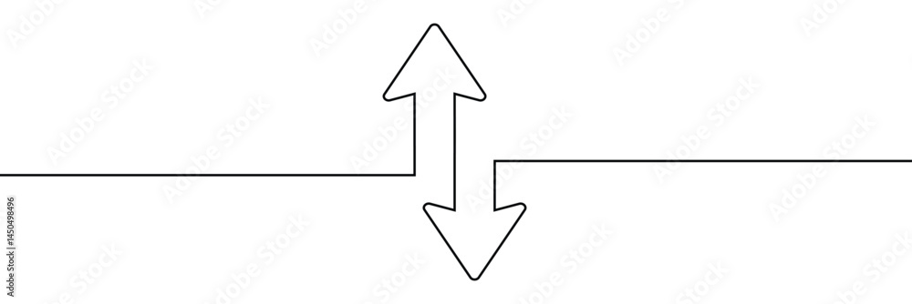 Poster continuous one line drawing of arrow pointing up and down. black thin line of two directions arrow i