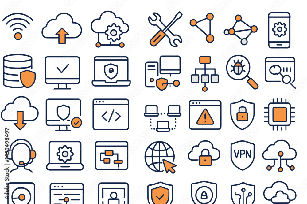 Poster modern flat vector illustration showcasing various technology and cybersecurity elements in a digita