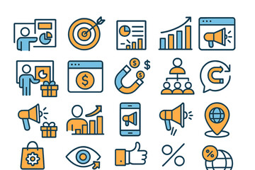 Vector illustration of marketing concepts and tools showcasing strategy, analysis, communication, and financial growth in a modern setting
