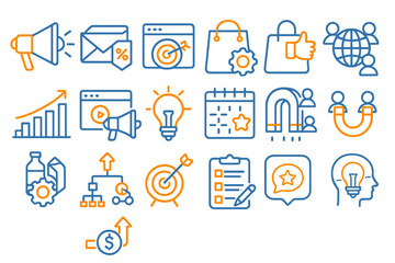 Marketing tools and concepts represented in flat vector illustrations depicting various business activities and communication methods