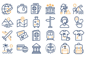 Flat vector illustration showcasing travel elements including landmarks, transportation, and adventure gear