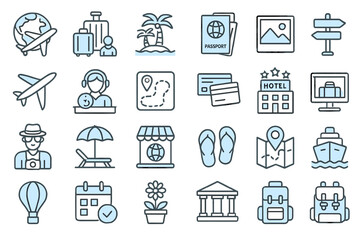 Travel-themed flat vector illustration featuring transportation, accommodation, and vacation activities for adventure planning