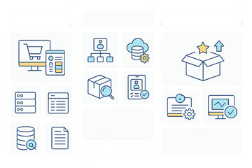 Flat vector illustration of e-commerce elements with shopping cart, cloud storage, and package delivery concepts in modern design