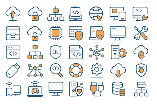 Flat vector illustration of various technology and network icons in a grid layout representing digital and cloud computing concepts
