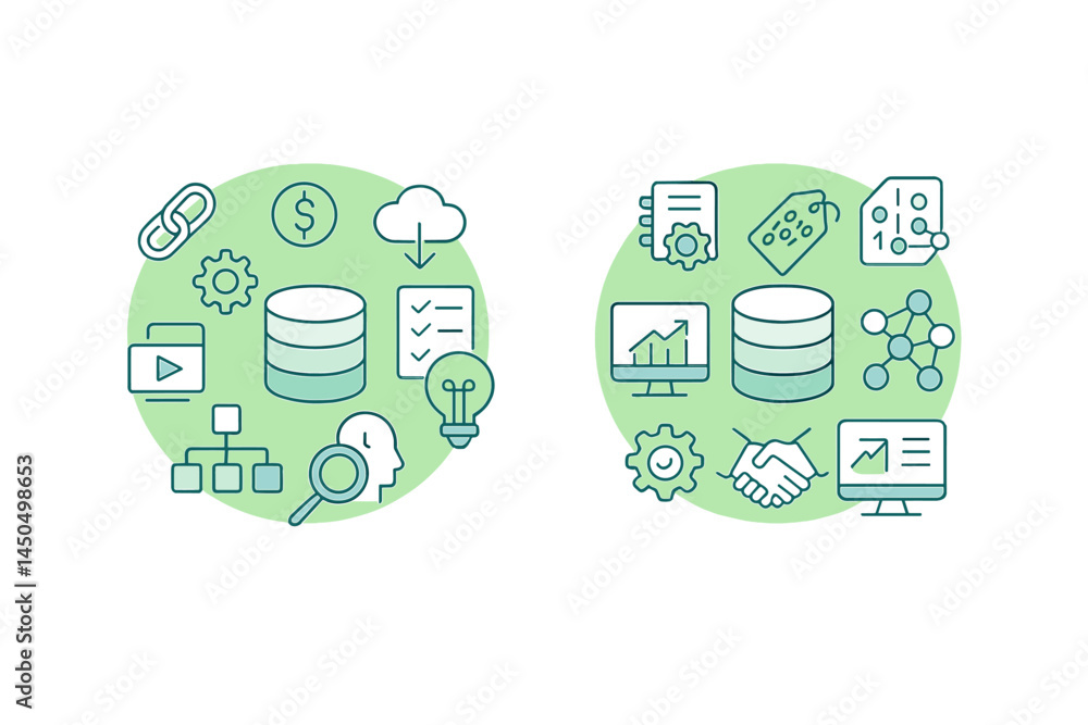 Poster vector illustration of data management concepts featuring database, analytics, and technology collab