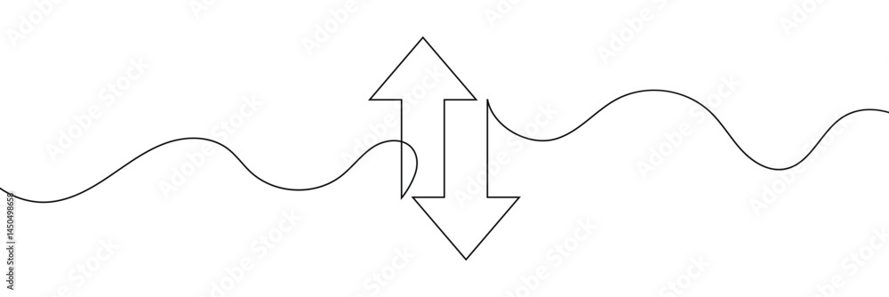 Poster continuous one line drawing of arrow pointing up and down. black thin line of two directions arrow i