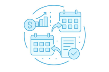 Planning and organizing financial tasks with calendars and charts in a flat vector illustration