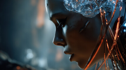 AI cyborg looking into distance — a detailed and modern 3D-style concept ideal for tech visuals, infographics, marketing materials, and futuristic digital presentations.