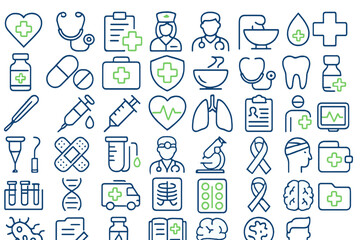 Health and medical care icons in flat vector style for digital design and educational materials