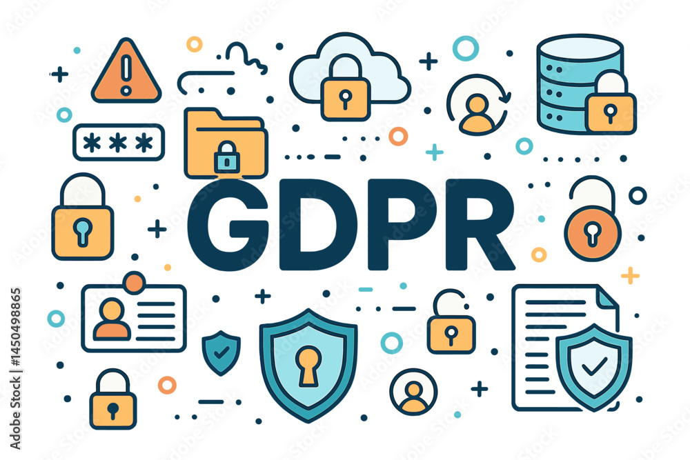 Poster understanding gdpr with flat vector illustration showing data protection concepts and security measu