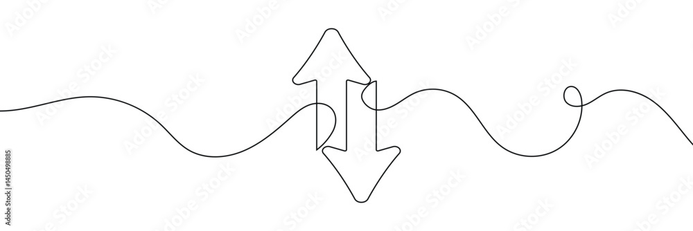 Poster continuous one line drawing of arrow pointing up and down. black thin line of two directions arrow i
