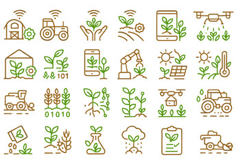 Modern agriculture concepts illustrated with flat vector elements showcasing technology and nature interactions in a farm setting