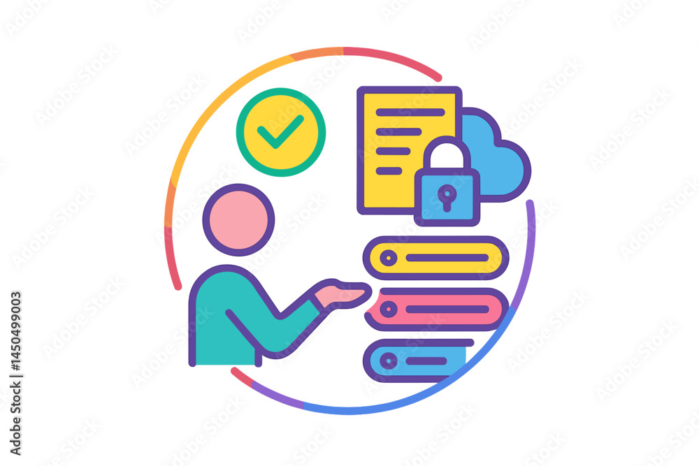 Poster flat vector illustration of a person interacting with secure data storage and document management in