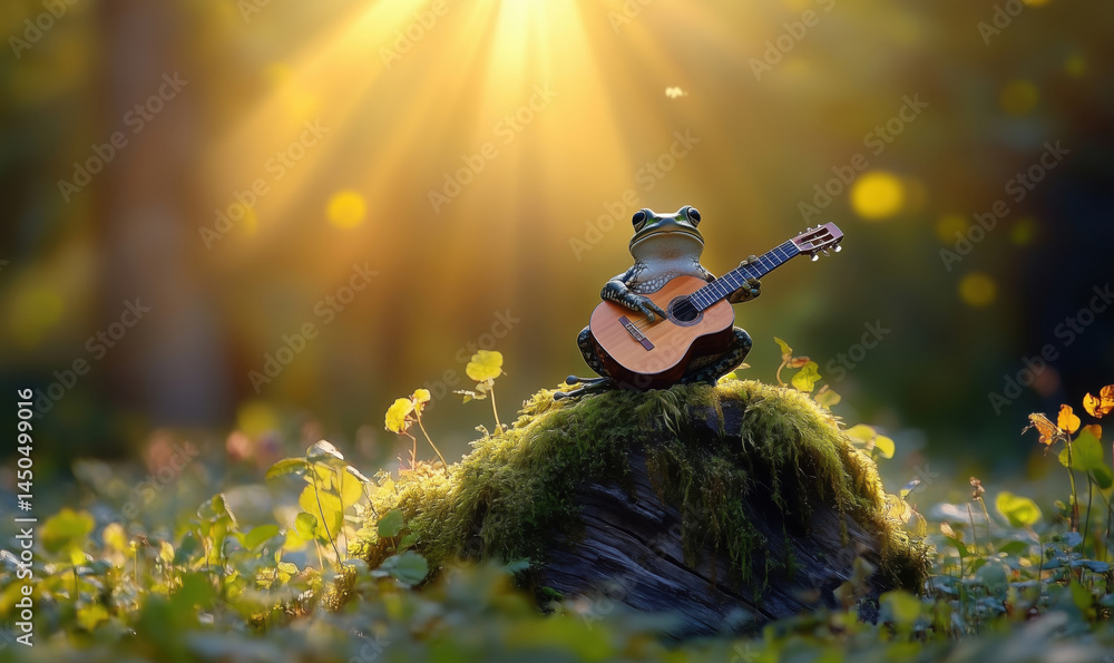 Poster frog playing guitar in sunlit forest setting with vibrant greenery and soft bokeh.