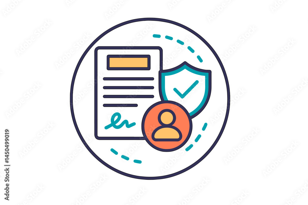 Poster flat vector illustration depicting a secure document with a shield and user icon to represent data p