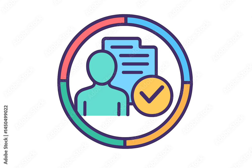 Poster flat vector illustration of a person with documents and a checkmark symbol representing verification