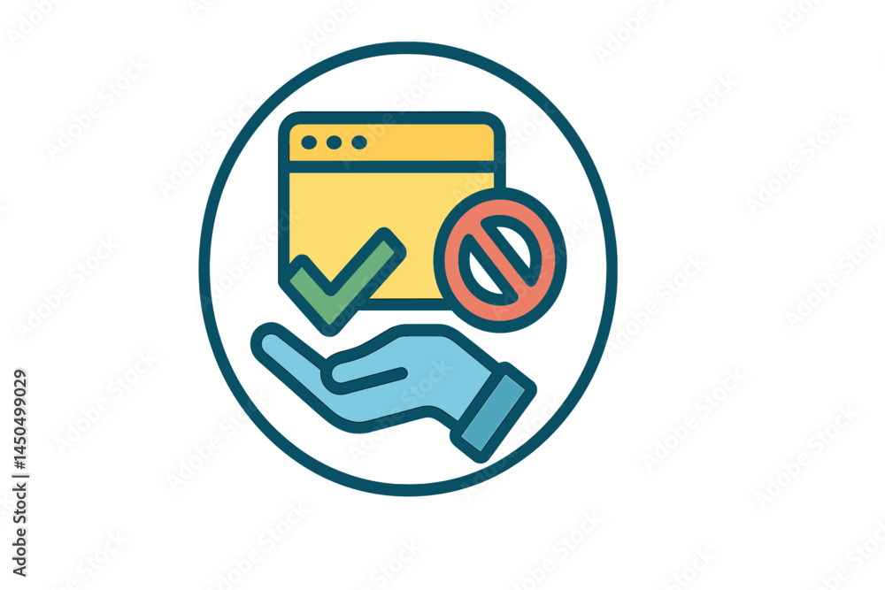 Poster flat vector illustration depicting a hand holding a computer screen with a check mark and a warning 