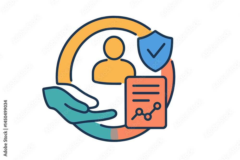 Poster flat vector illustration showing a secure data protection concept with a hand, a user, and a shield 