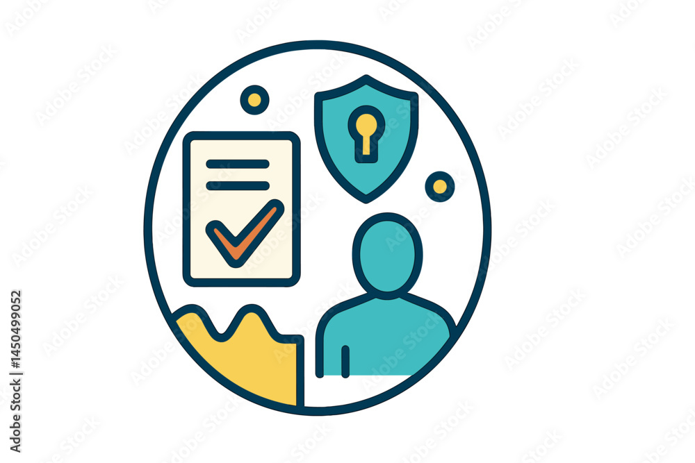 Poster flat vector illustration depicting secure data verification with a shield symbol and user silhouette