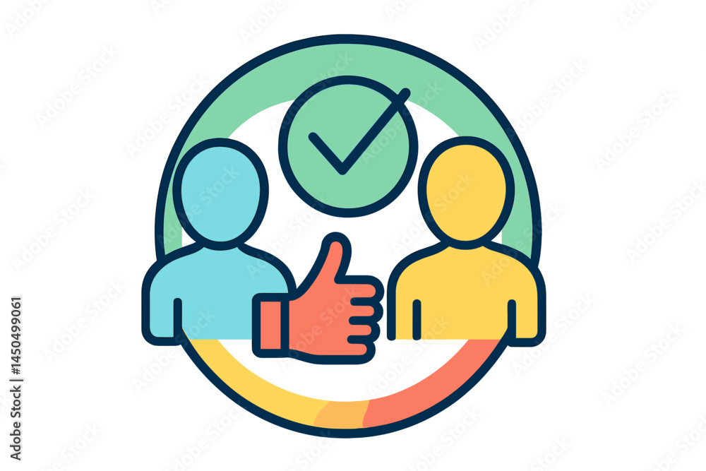 Poster flat vector illustration depicting two people in a positive interaction with a thumbs up and a check