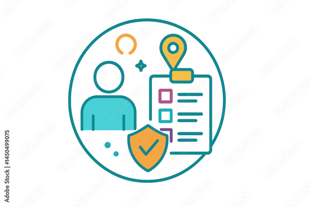 Poster flat vector illustration depicting a user profile with checklist and location marker in a digital se