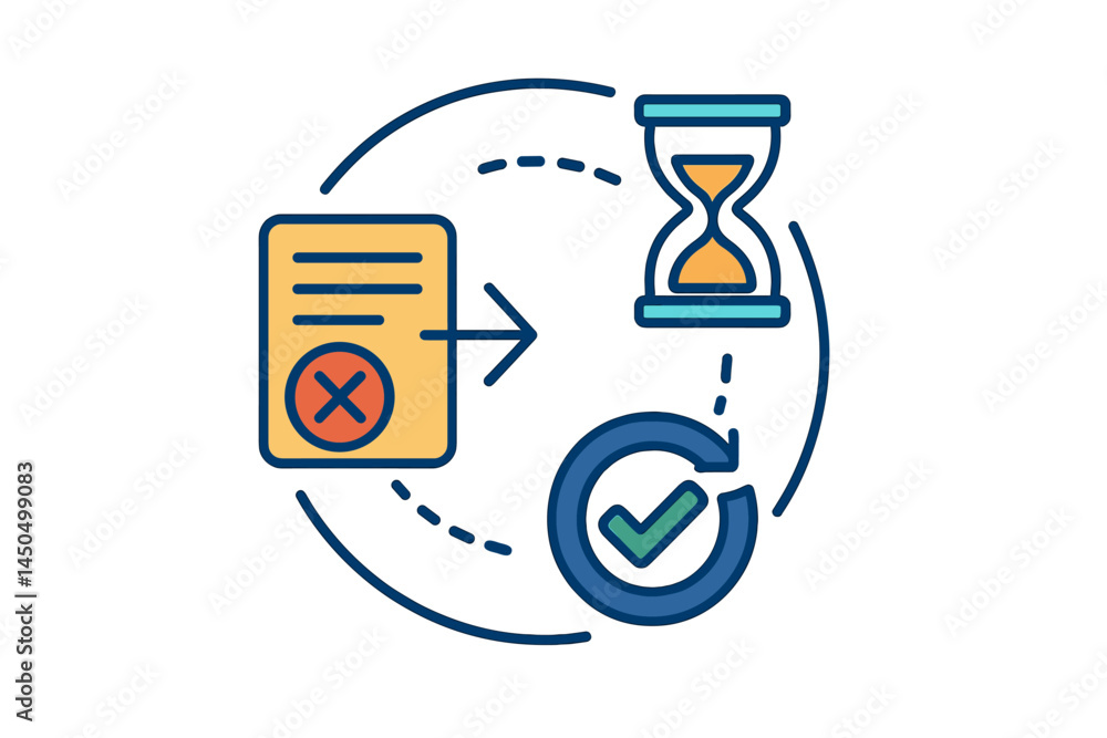 Poster process of document submission and review with a timer and checklist in flat vector illustration