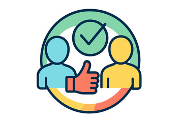 Flat vector illustration depicting two people in a positive interaction with a thumbs up and a check mark symbolizing approval