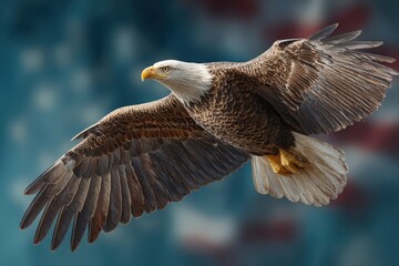 Obraz premium Majestic bald eagle soaring against a patriotic background
