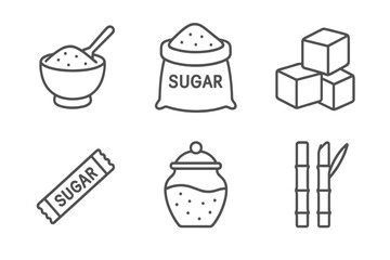 Sugar in various forms depicted in a flat vector illustration showing bowls, bags, and cane