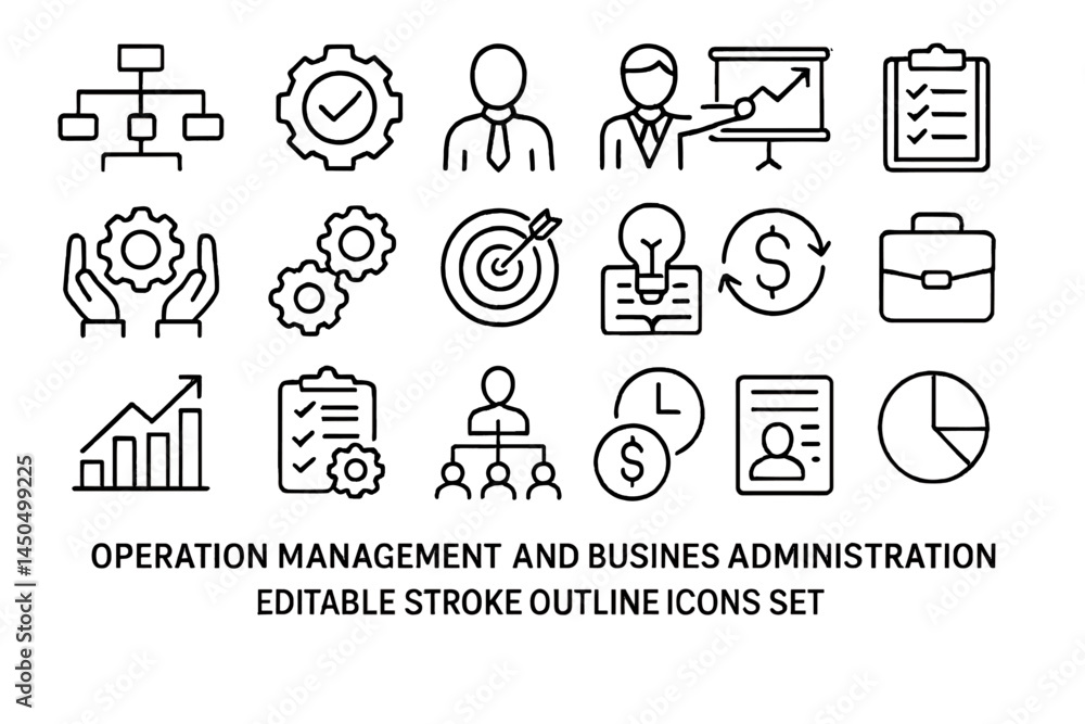 Aufkleber flat vector illustrations of operation management and business administration icons for effective wo