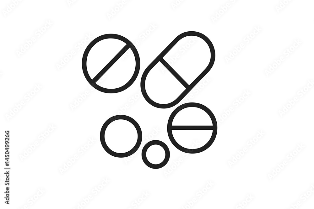 Poster flat vector illustration of various pills and capsules arranged in an abstract design on a clean bac