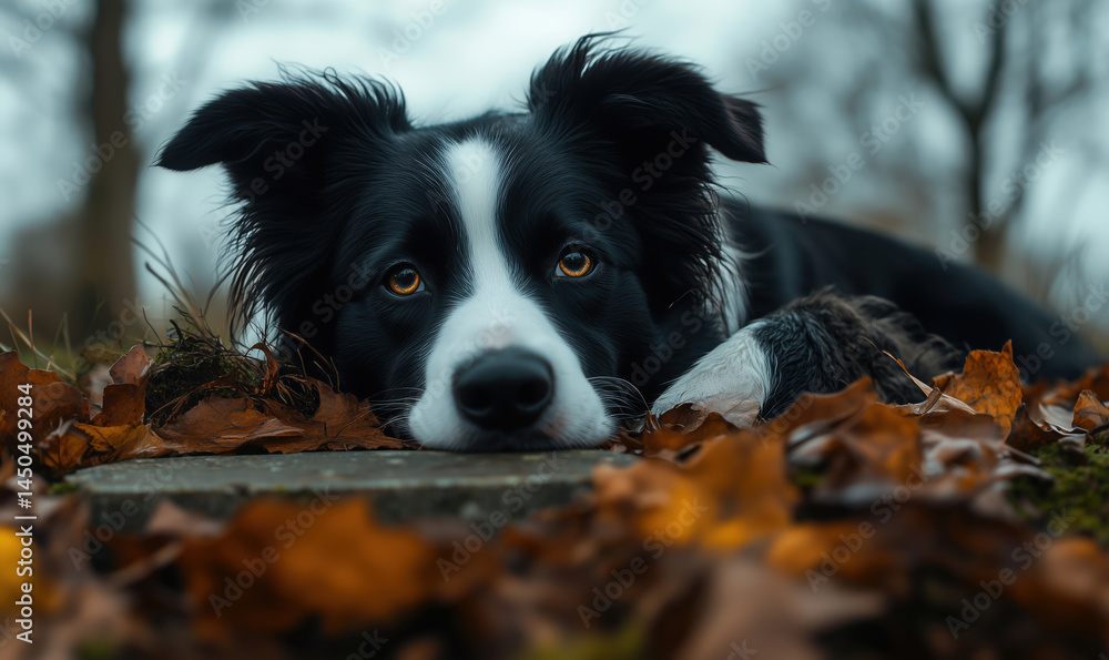 Poster border collie resting on autumn leaves with a serene expression in a park setting.