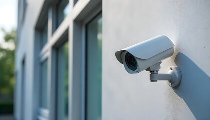 Modern security camera mounted on a sleek blue building exterior wall cctv lens grey metal image, created with generative ai