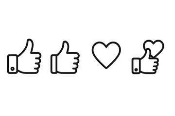 Three flat vector illustrations of thumbs up and heart symbols conveying positive emotions and messages of support