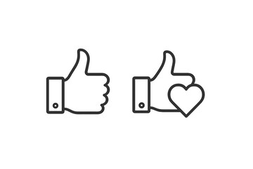 Obraz premium Thumbs up and heart symbols in flat vector illustration representing positive feedback and appreciation