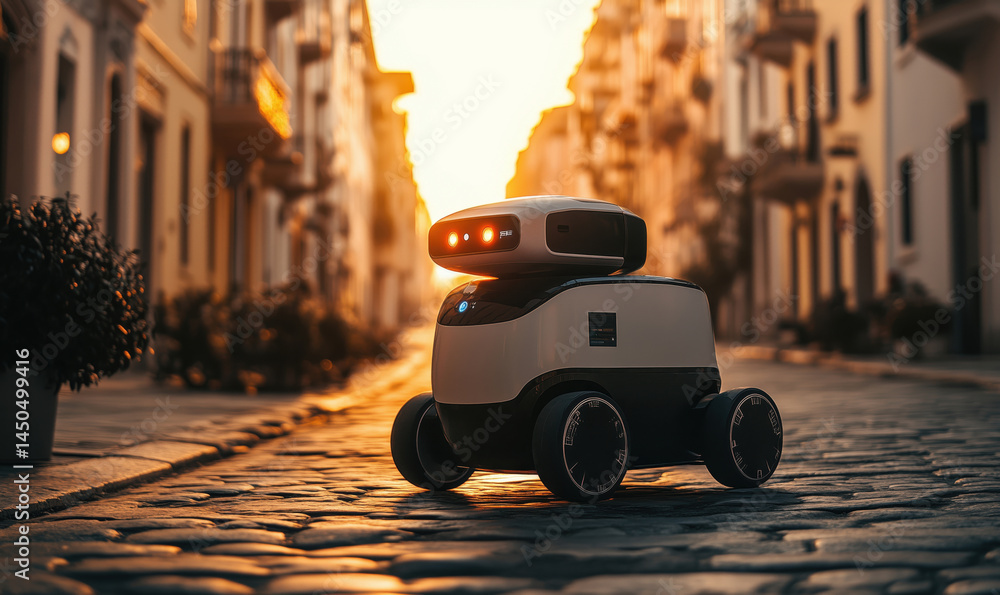 Poster autonomous delivery robot on cobblestone street during sunset in urban environment.