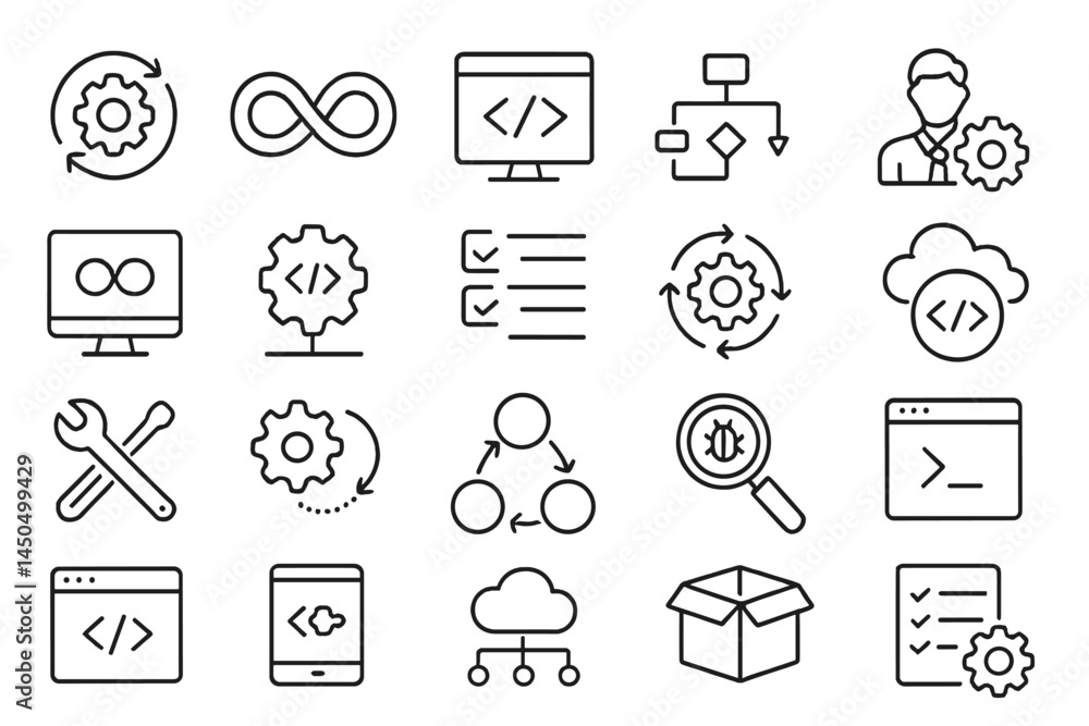 Poster flat vector illustration depicting various elements of software development, coding, and project man