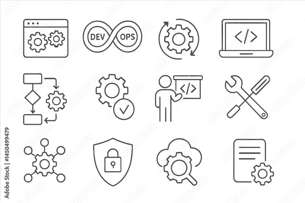 Poster exploring key concepts of devops through flat vector illustrations of gear symbols and related activ