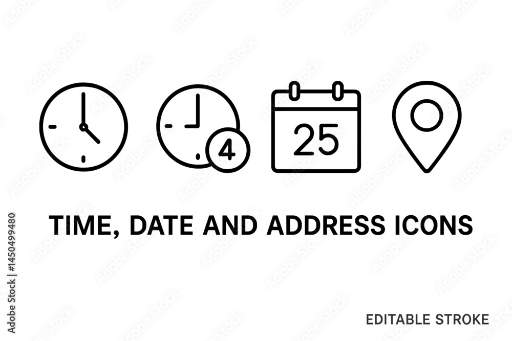 Poster collection of flat vector illustrations representing time, date, and address icons for easy referenc