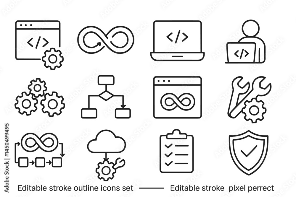 Poster flat vector illustration of coding and development icons featuring gears, tools, and a laptop setup 