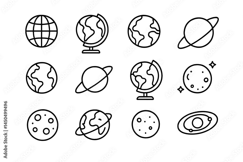 Poster flat vector illustration of various planets and globes in a minimalistic style showing earth and cel