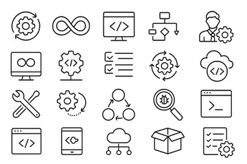 Flat vector illustration depicting various elements of software development, coding, and project management in a modern workspace