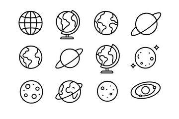 Flat vector illustration of various planets and globes in a minimalistic style showing Earth and celestial bodies in a simple design format