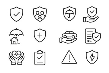 Flat vector illustration of insurance symbols depicting safety, protection, and care for individuals, vehicles, and health needs in a modern design