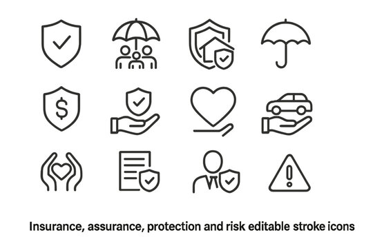 Flat vector icons representing insurance, protection, and risk management in a simple and clear design
